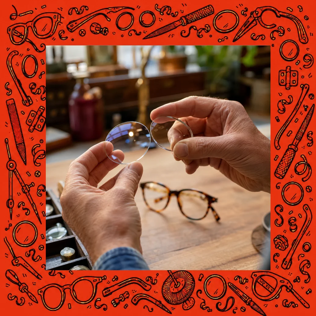 Images montrant des lentilles de lunettes dans les mains de Eddy Fillion opticien.