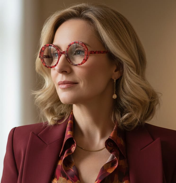 Woman wearing round red custom-made acetate eyeglasses