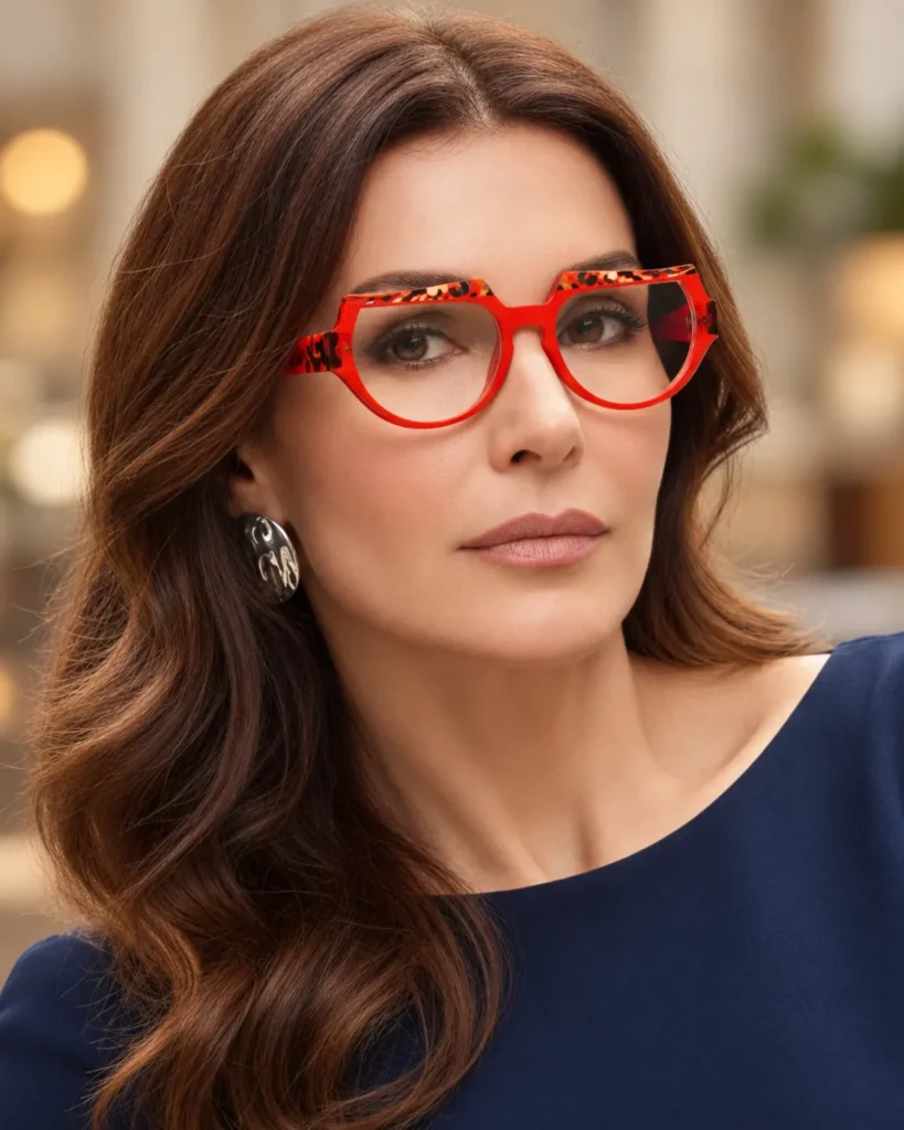 Woman wearing red funky eyeglass frames with a patterned browline.