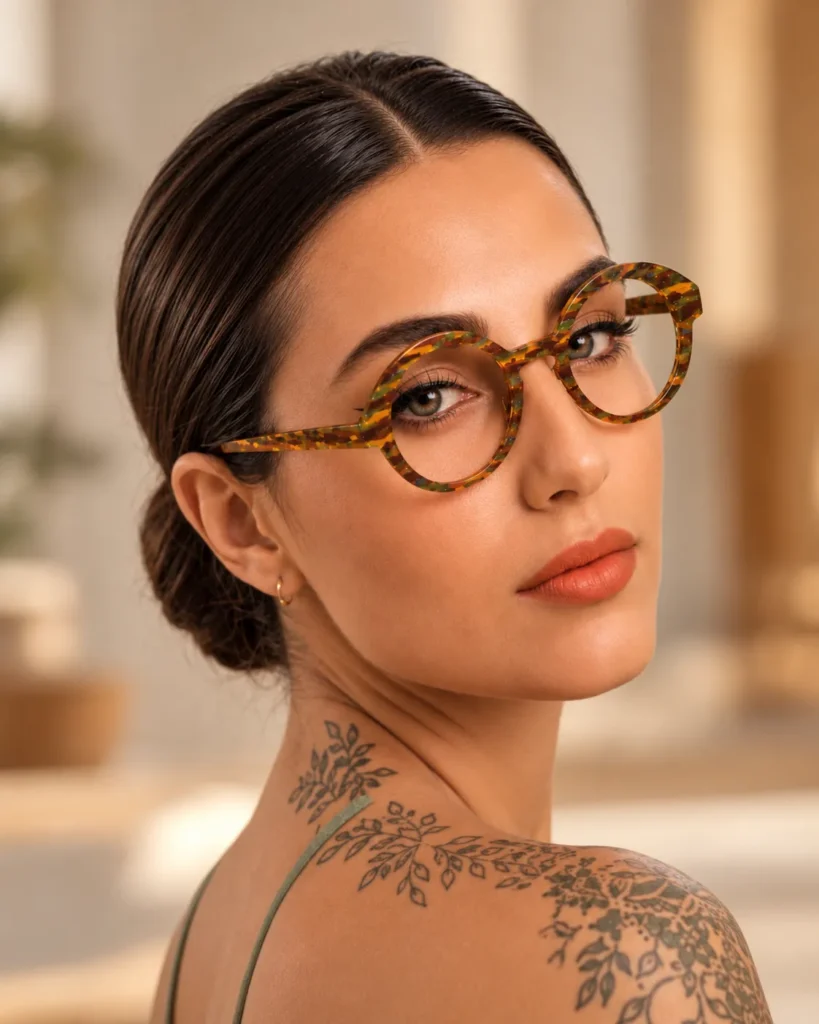 Woman wearing rounded tortoiseshell eyeglass frames with upswept corners.