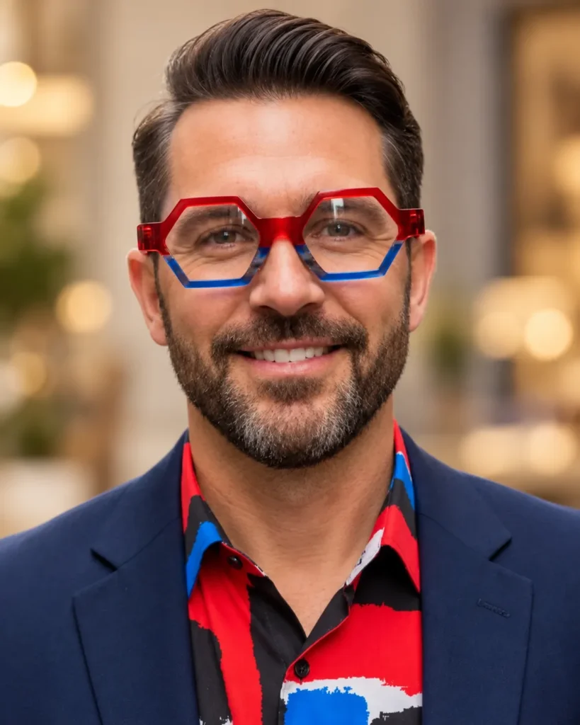 Man wearing bold red and blue geometric eyeglass frames.