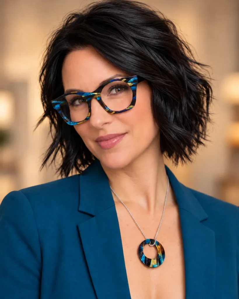 Femme portant des lunettes colorées en acétate et un médaillon dans les mêmes couleurs.